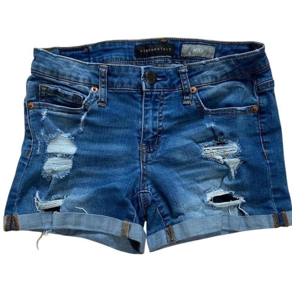 Aeropostale Midi Denim Shorts Women 2 Blue Distressed Cuffed Medium Wash Stretch